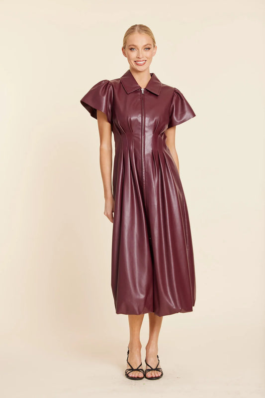 Dolce Cabo Faux Leather Zip Midi Bubble Dress-Burgandy