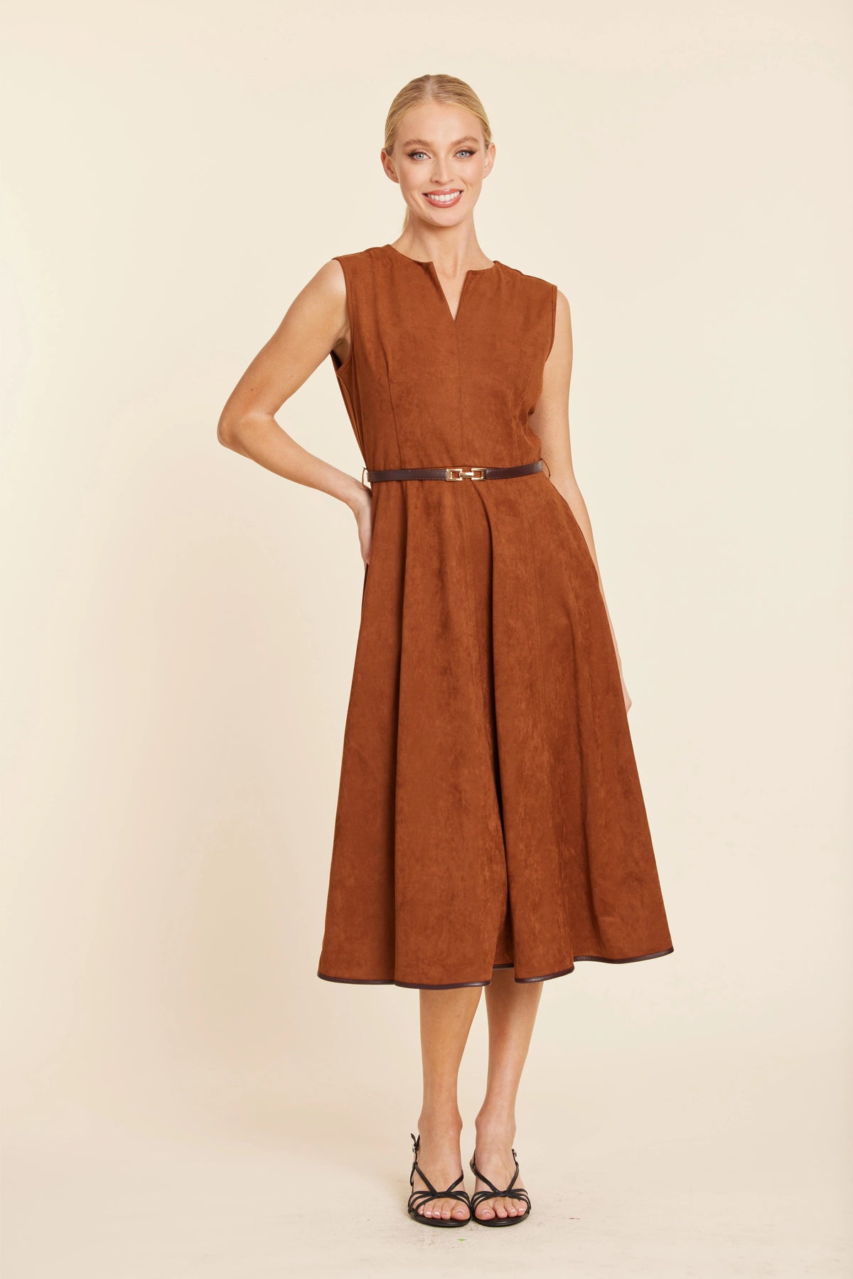 Dolce Cabo Faux Suede Belted Midi Dress-Rust