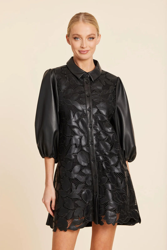 Dolce Cabo Faux Leather Floral Cut Out Dress-Black