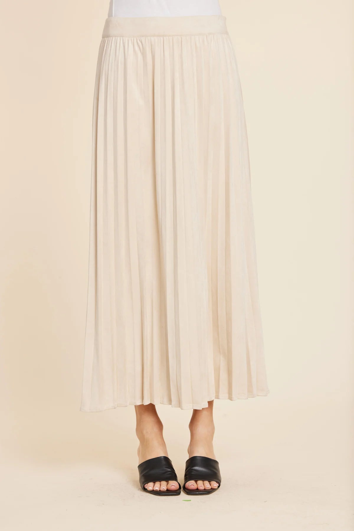 Dolce Cabo Faux Suede Long Pleated Skirt-Beige