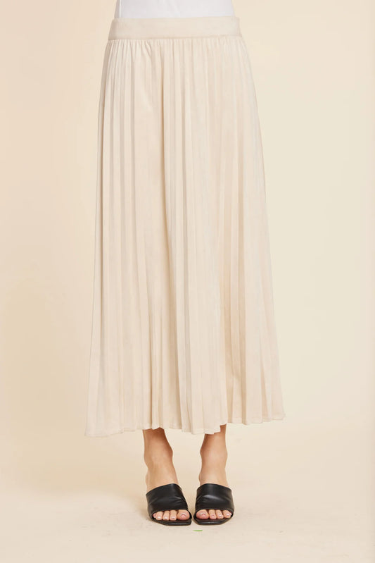 Dolce Cabo Faux Suede Long Pleated Skirt-Beige