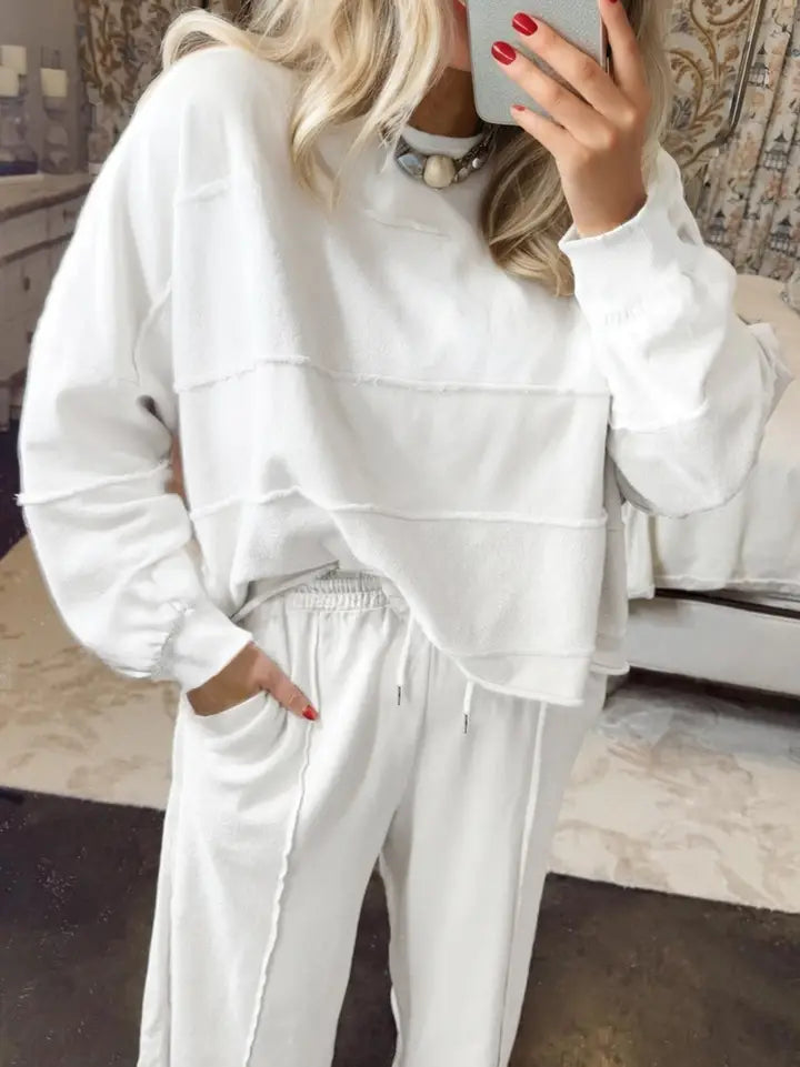 Textured Seam Plus Size Pullover Top and Drawstring Pant Set-White