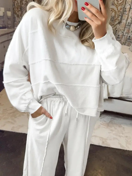 Textured Seam Plus Size Pullover Top and Drawstring Pant Set-White