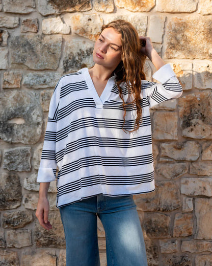 Amelia Cuff Tee in Navy Stripe