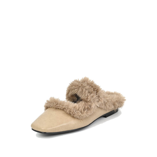 Antelope J11 Anni Fur Trim Flat Mules-Stone Nappa