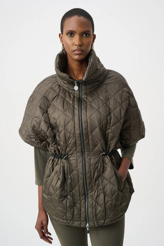 Joseph Ribkoff Quilted Nylon Shawl-Neck Boxy Vest-Avocado