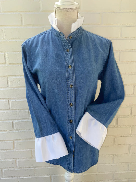 Pearly Vine Barbara Ann Ribbon Trim Denim Shirt-White