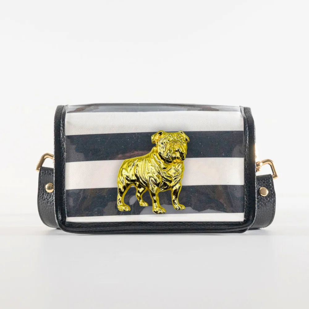 Garland Petite Black and White Stripe Clear Stadium Bag with Bulldog (Black Trim)
