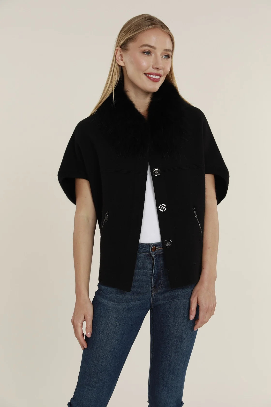 Dolce Cabo Natural Fur Collar Short Sleeve Cardigan-Black