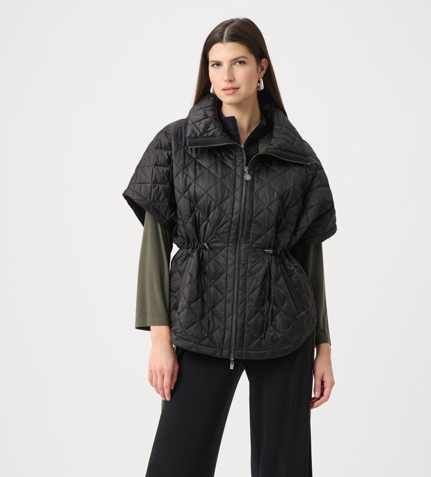 Joseph Ribkoff Quilted Nylon Shawl-Neck Boxy Vest-Black