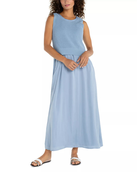 Liverpool Sleeveless Tie Back Sweater Woven Dress-Malibu Blue