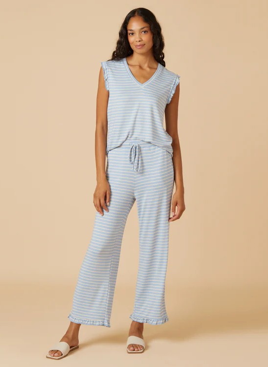 Softies Dream Ruffle V-Neck with Cropped Pant-Blue Stripe