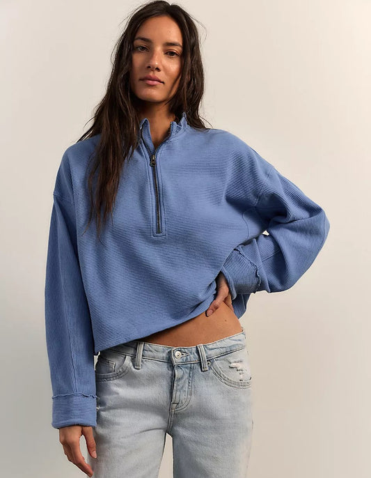 Free People Celeste Quarter Zip-Blue Rivera