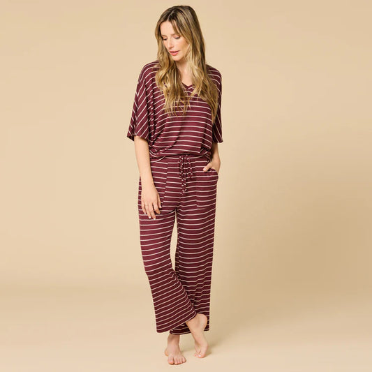 Softies Dream Relaxed V-Neck Lounge Set-Cherry Cola Stripe