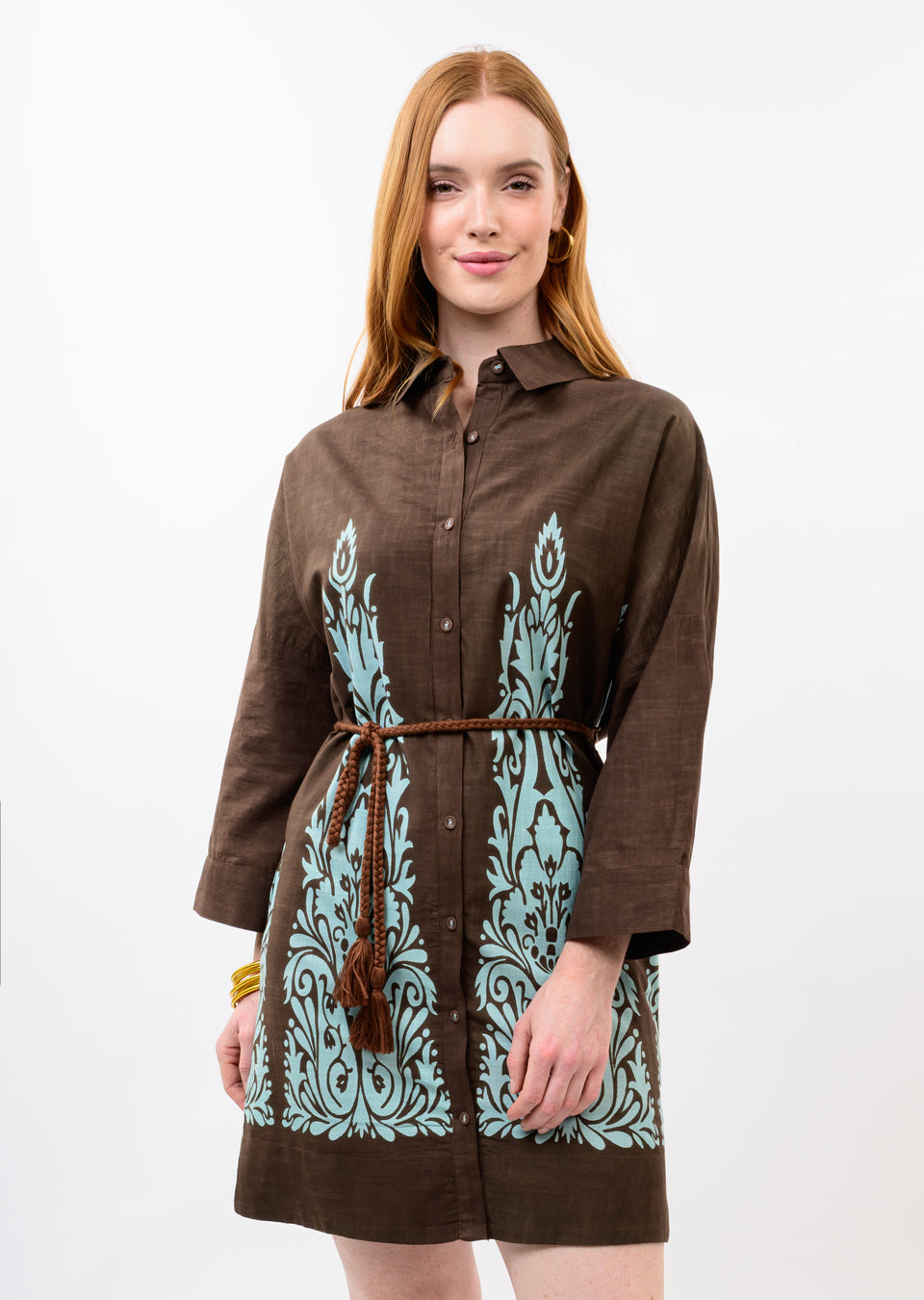 Uncle Frank Border Print Shift Dress-Chestnut