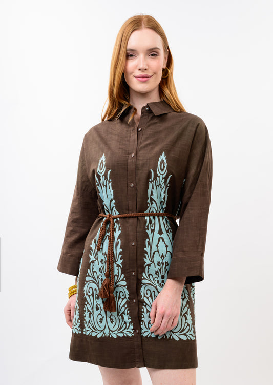 Uncle Frank Border Print Shift Dress-Chestnut