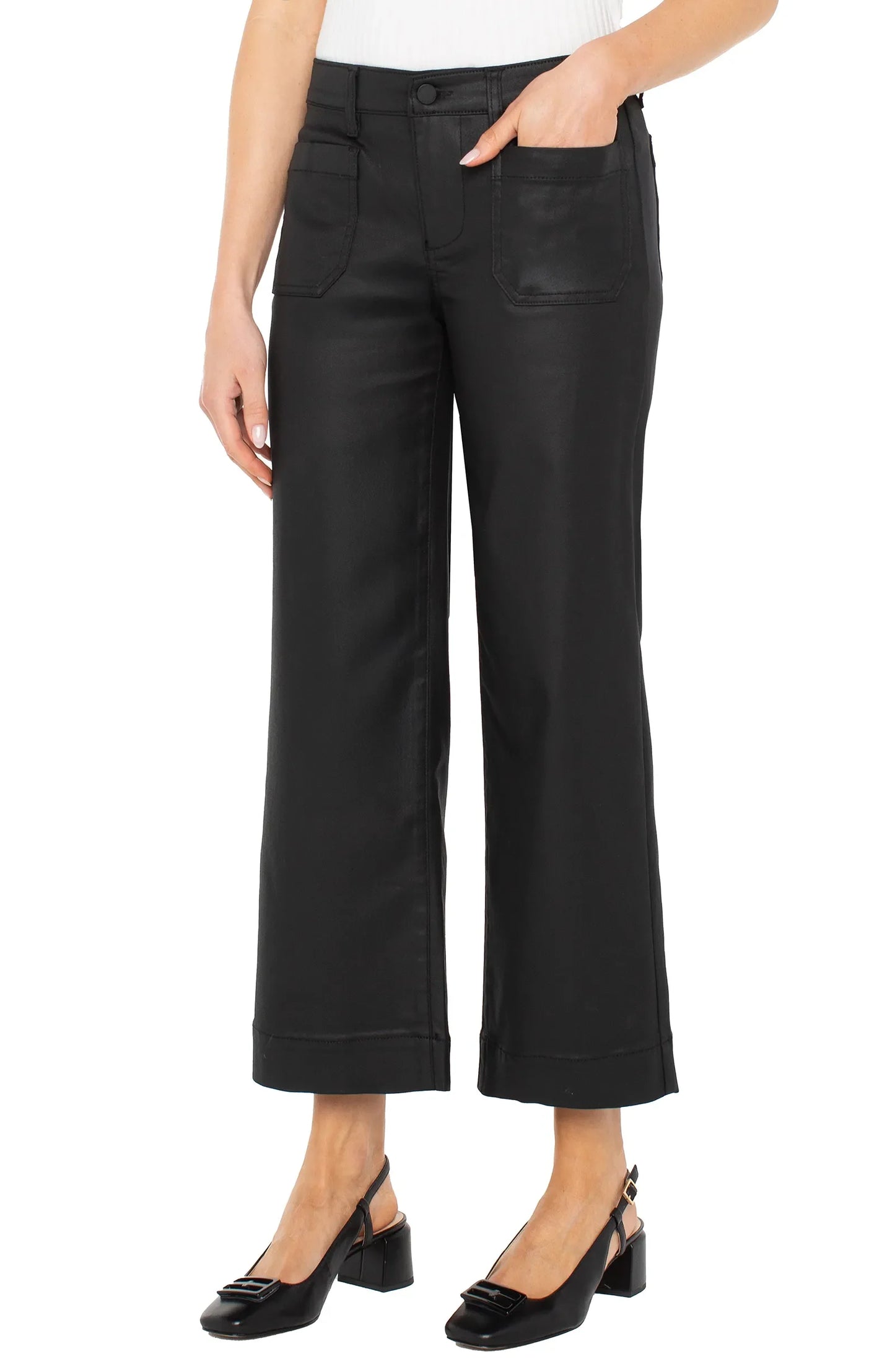 Liverpool Crop Wide Leg With Patch Pockets-Black