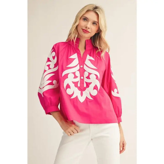 Jodifl Baroque Detail Top-Hot Pink