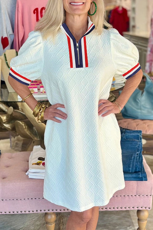 Jacquard Color Block Edge Puff Sleeve Quarter Zip Mini Dress-Red