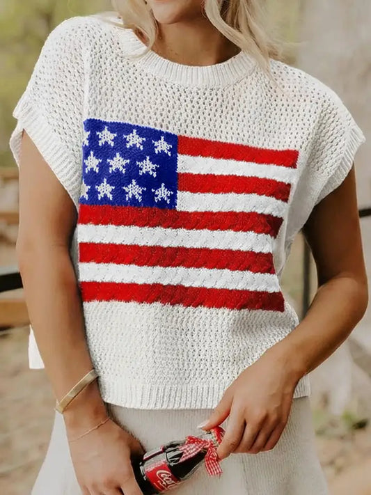 Flag Graphic Short Sleeve Sweater -White
