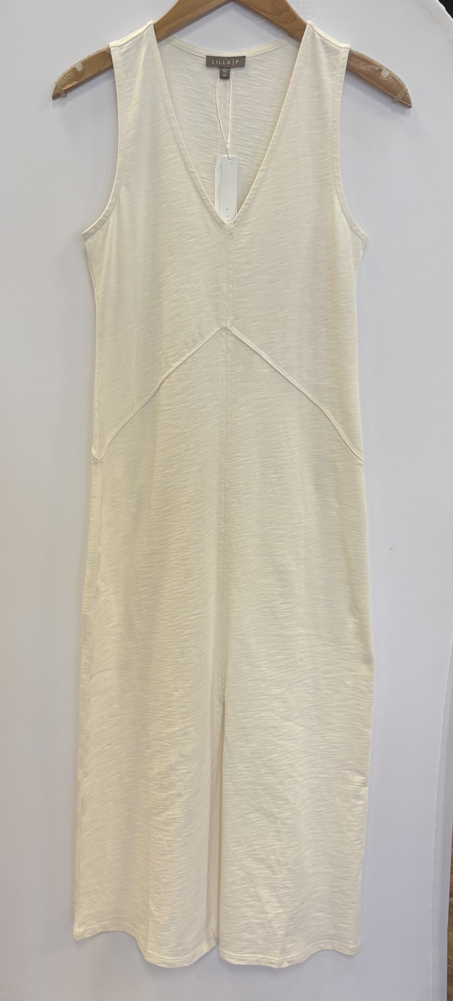 Lilla P V-Neck Seamed Maxi Dress-Ecru