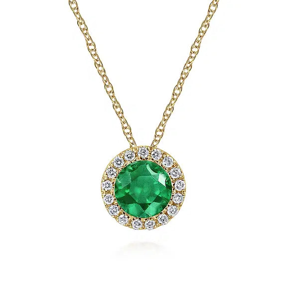 Gabriel 14kt Yellow Gold Emerald and Diamond Halo Pendant Necklace