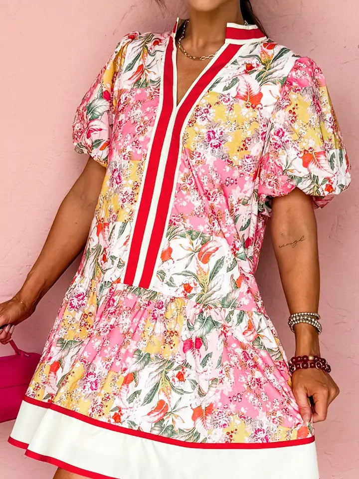 Color Block Floral Print Contrast Trim Ruffle Hem Mini Dress