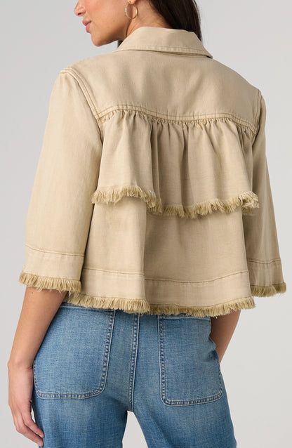 Liverpool 3/4 Sleeve Frayed Flounce Jacket-Light Khaki