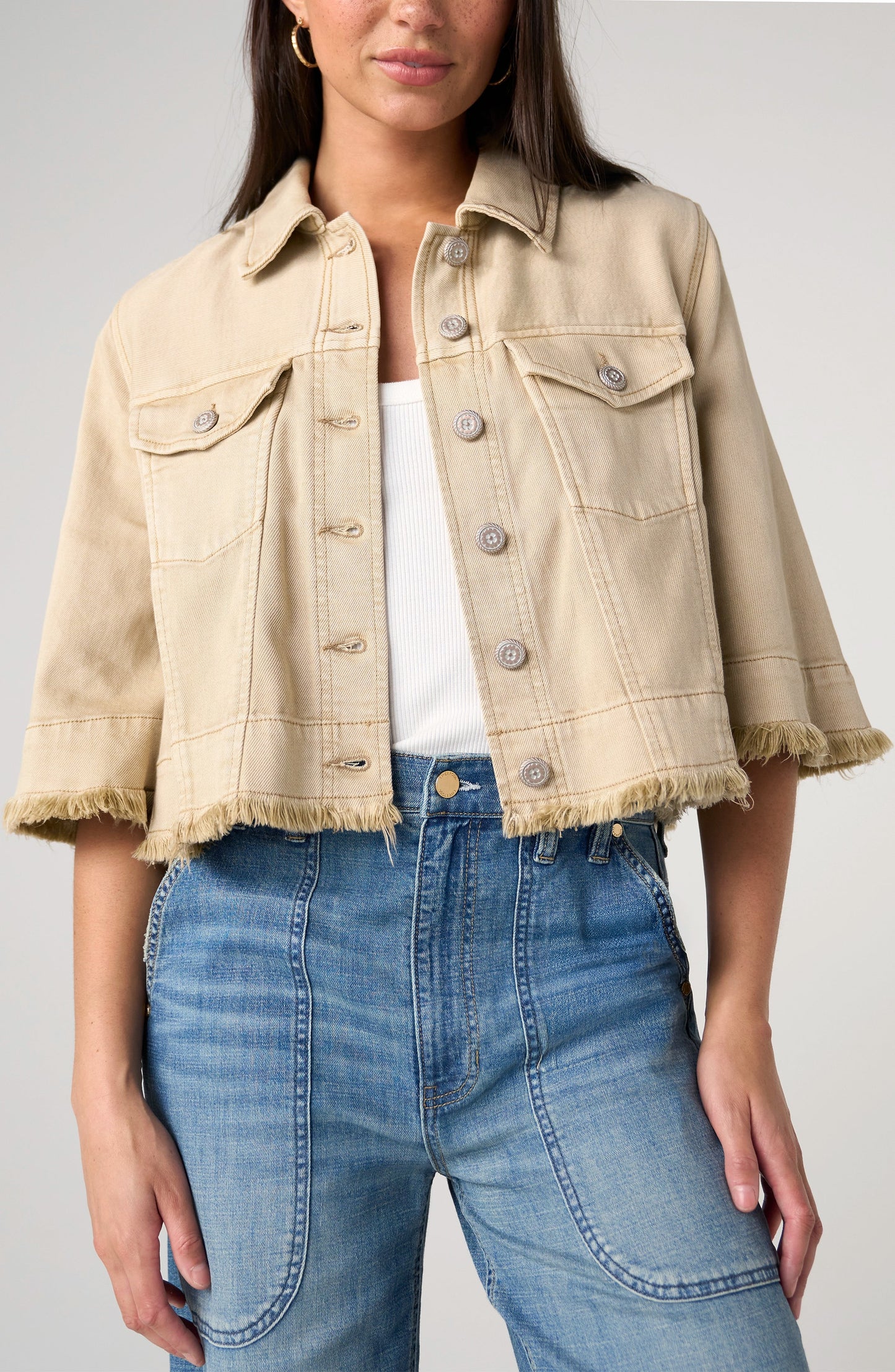 Liverpool 3/4 Sleeve Frayed Flounce Jacket-Light Khaki