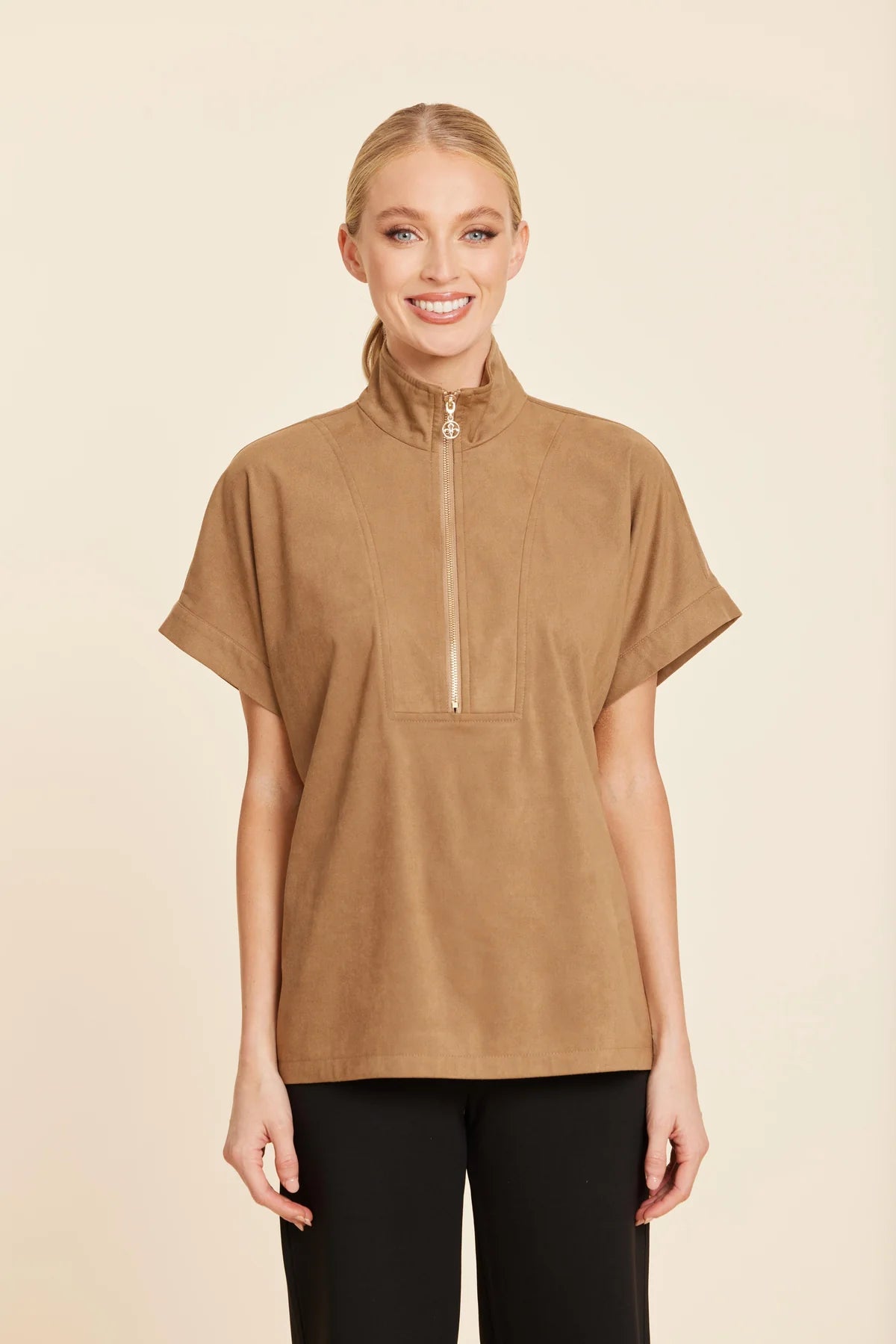 Dolce Cabo Faux Suede Drop Shoulder Zipper Top-Tobacco