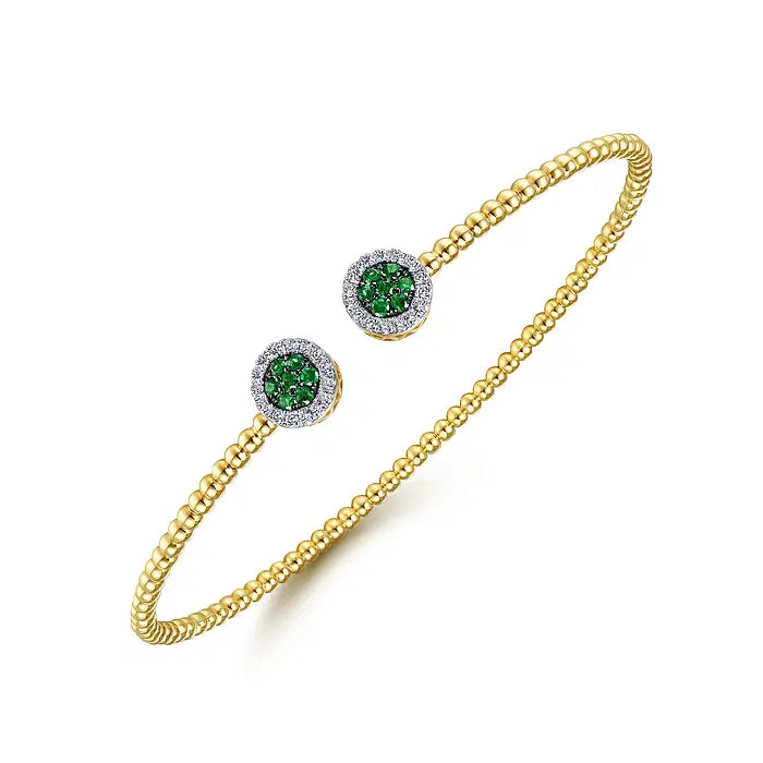 Gabriel 14K Yellow Gold Bujukan Bead Cuff Bracelet with Emerald & Diamond Halo Caps