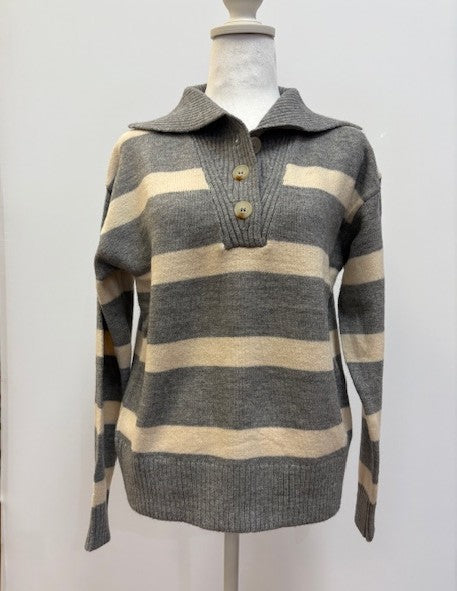 Rain & Rose Stripe Sweater-Grey/Beige Stripe