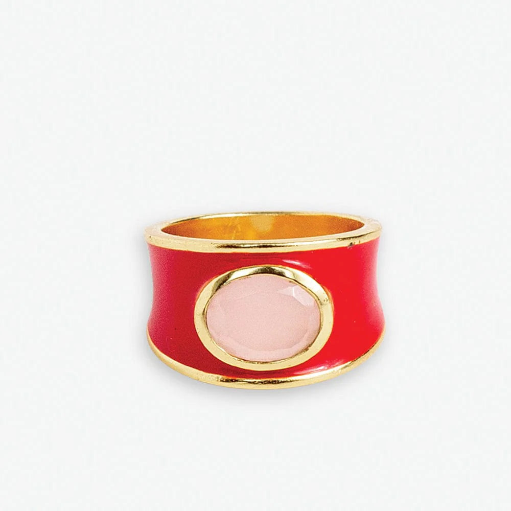 Ink + Alloy Hazel Oval Stone With Enamel Band Ring Red/Blush