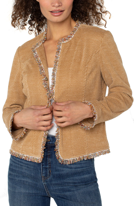Liverpool Collarless Jacket With Frayed Edges-Honey