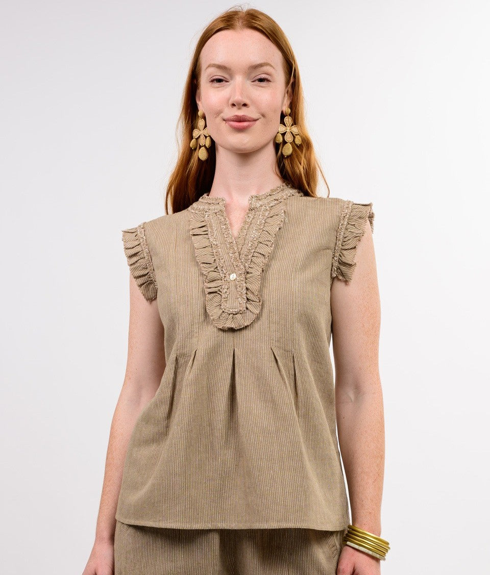 Ivy Jane Striped Ruffle Top-Kkaki