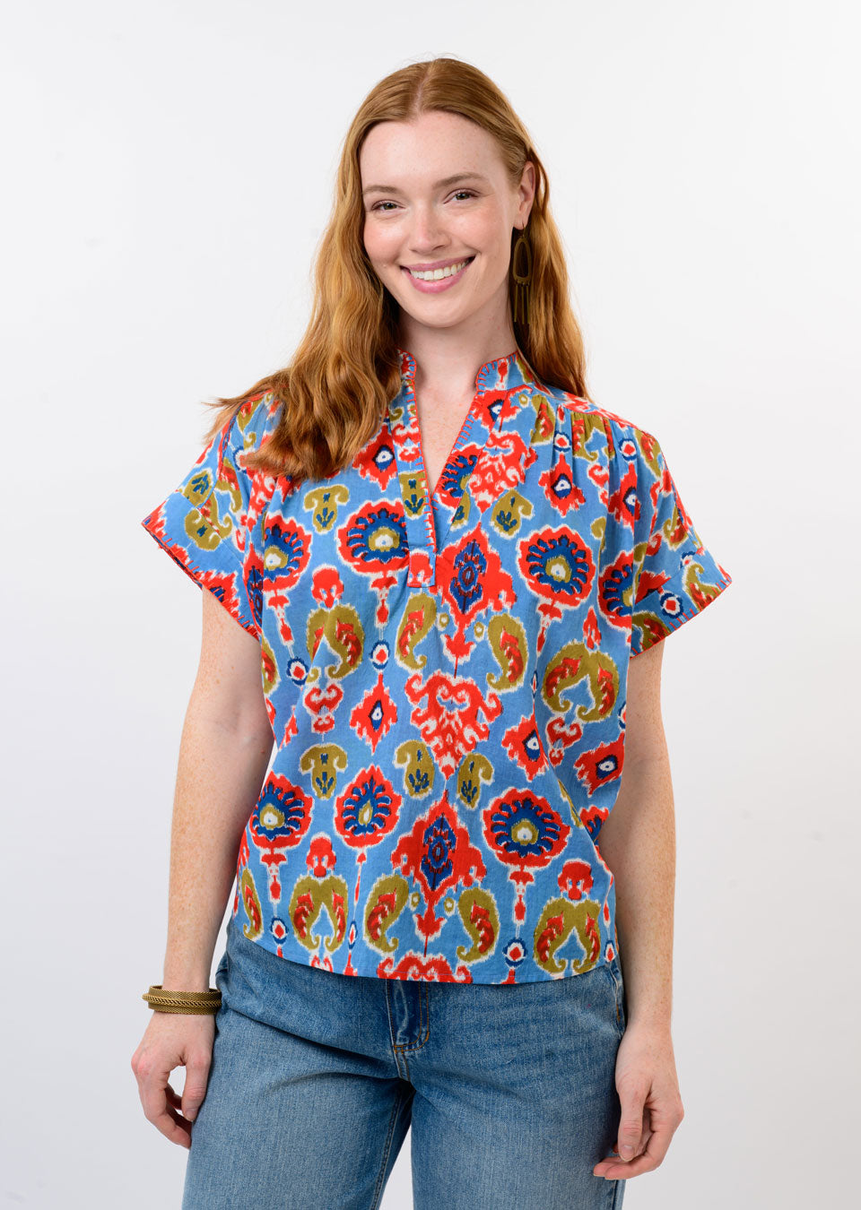 Ivy Jane Ikat Popover Top-Blue