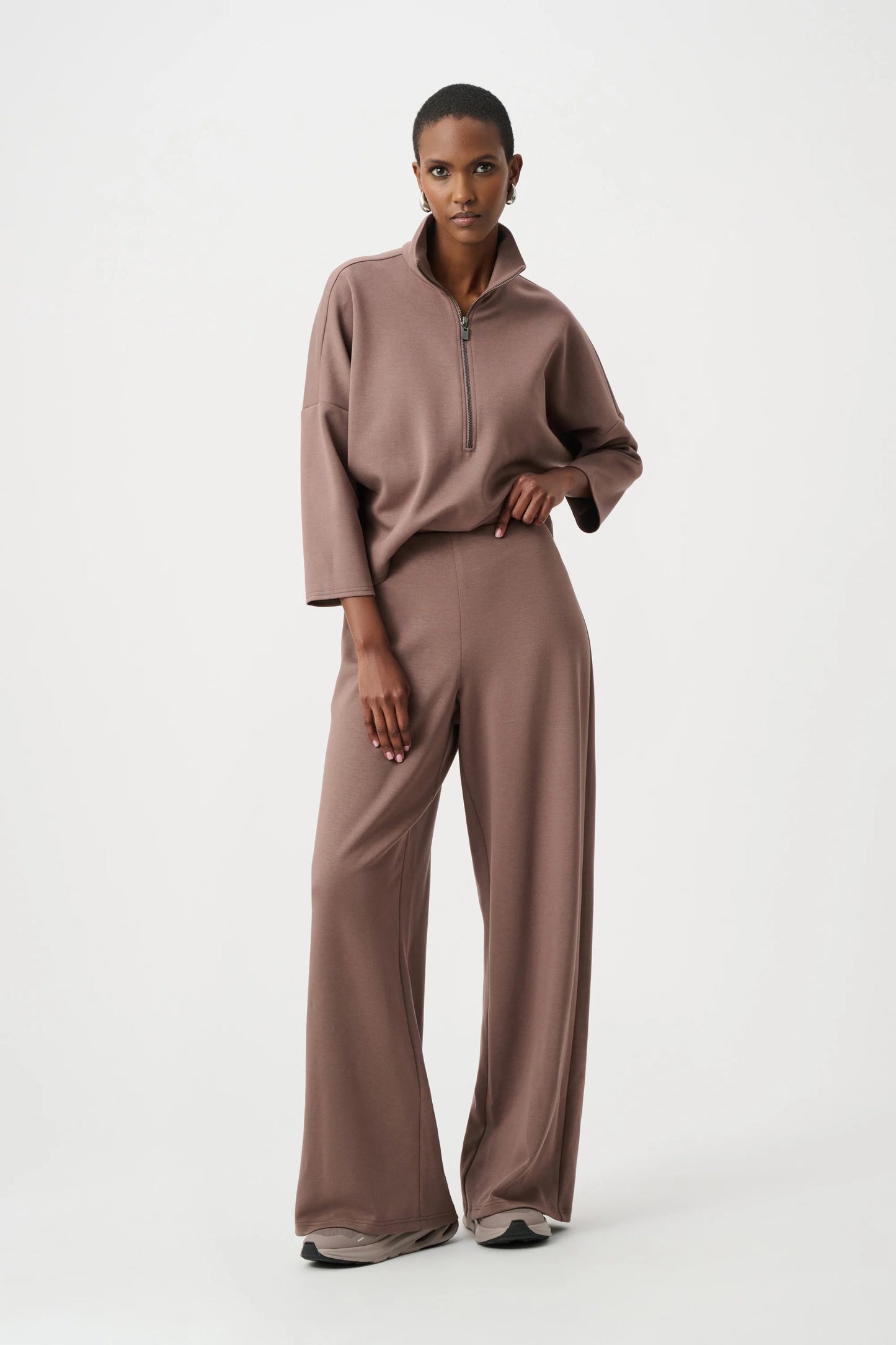 Joseph Ribkoff Scuba Jersey Mock-Neck Wide Leg Jumpsuit-Mink