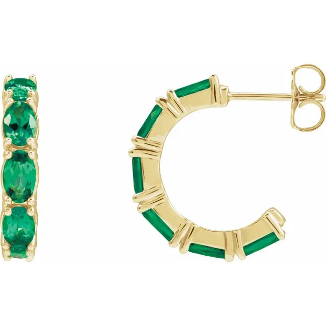 14K Yellow Gold Lab-Grown Emerald Hoop Earrings