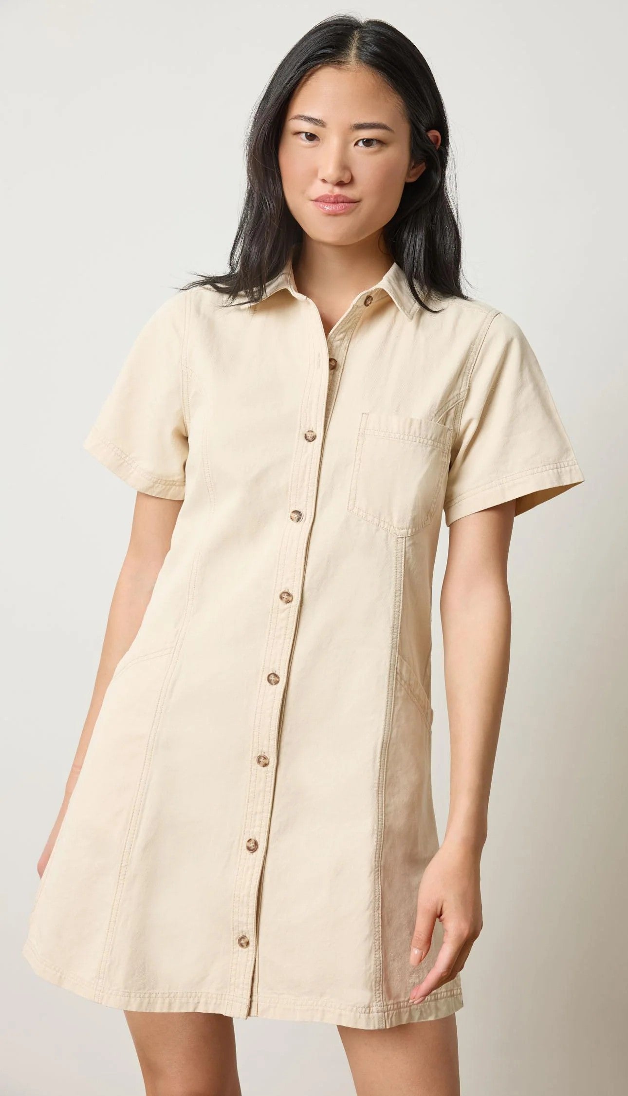 Lilla P Twill Paneled Shirt Dress-Eggshell