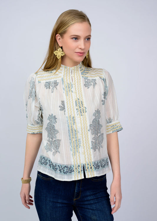 Ivy Jane Metallic Trim Paisley Top-Ivy