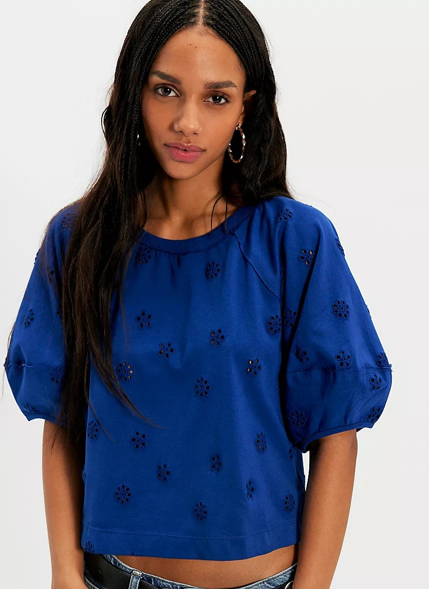Free People Jessie Eyelet Tee-Navy Combo