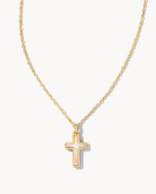 Kendra Scott Cross Pendant Necklace Gold/White Kyocera Opal