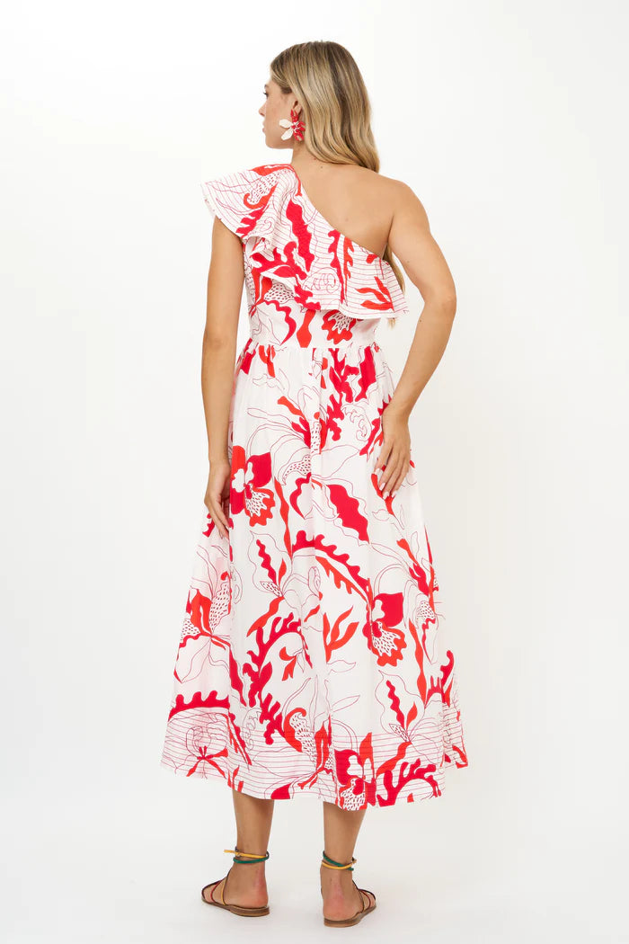 Oliphant One Shoulder Ruffle Maxi-Orchid Red