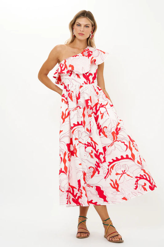 Oliphant One Shoulder Ruffle Maxi-Orchid Red