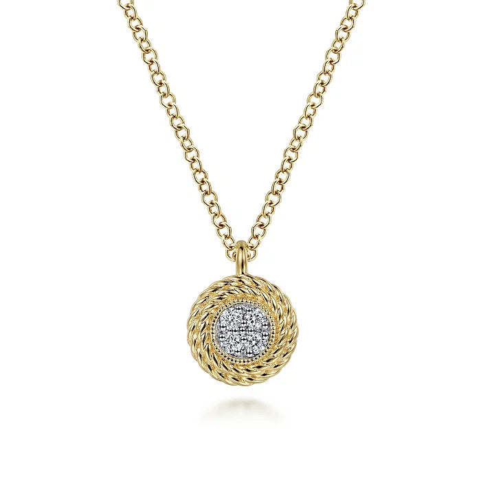 Gabriel 14K Yellow Gold Round Diamond Pave Cluster Pendant Necklace with Twisted Rope Frame