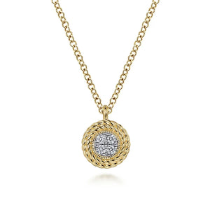 Gabriel 14K Yellow Gold Round Diamond Pave Cluster Pendant Necklace with Twisted Rope Frame