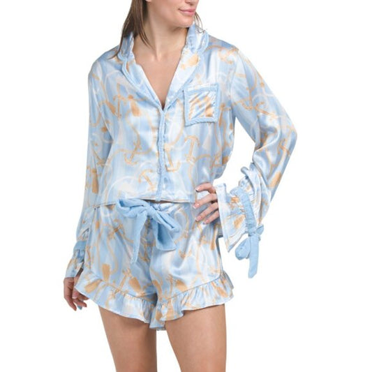 8 Oak Lane Satin Ruffle Pajama Set-Nautical Stripe