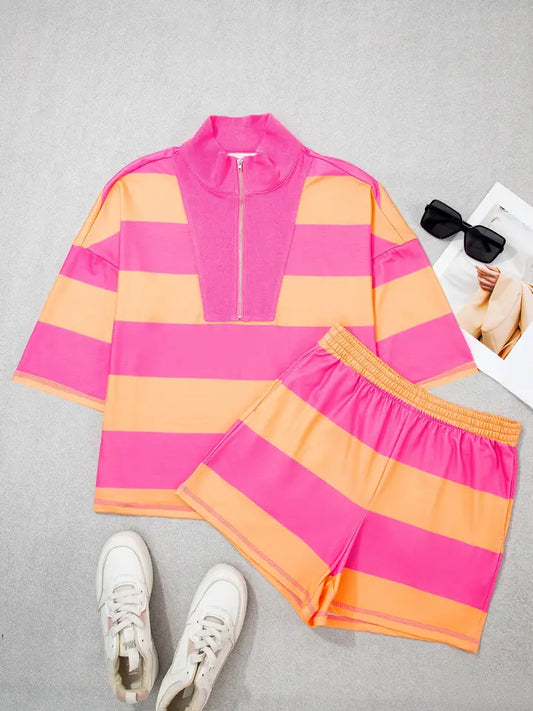 Stripe Seam Detail Half Zip Oversize Tee Shorts Set