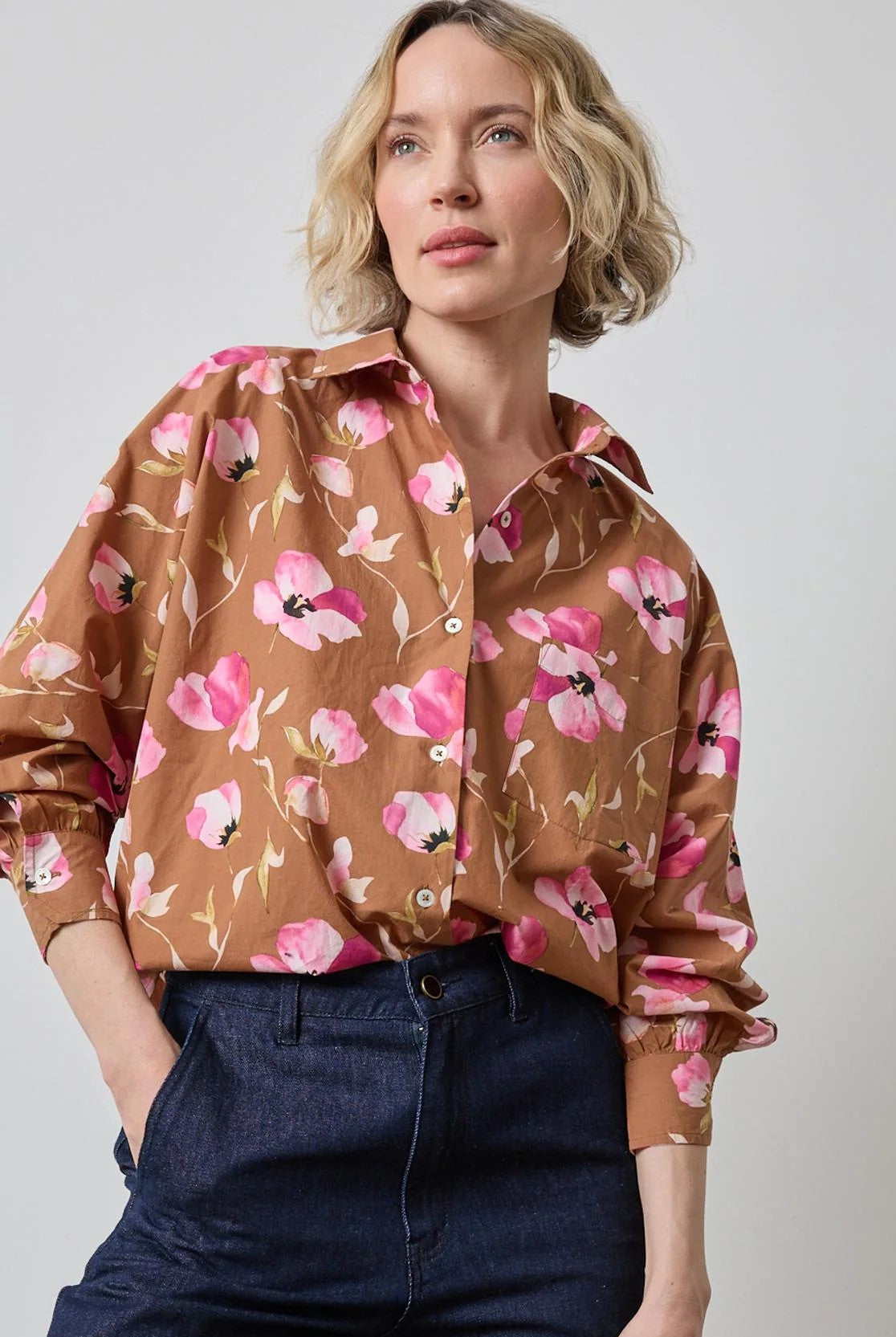 Lilla P Dolman Sleeve Button Down-Pink Poppy Print