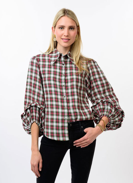 Ivy Jane Plaid Balloon Sleeve Top-Ivory